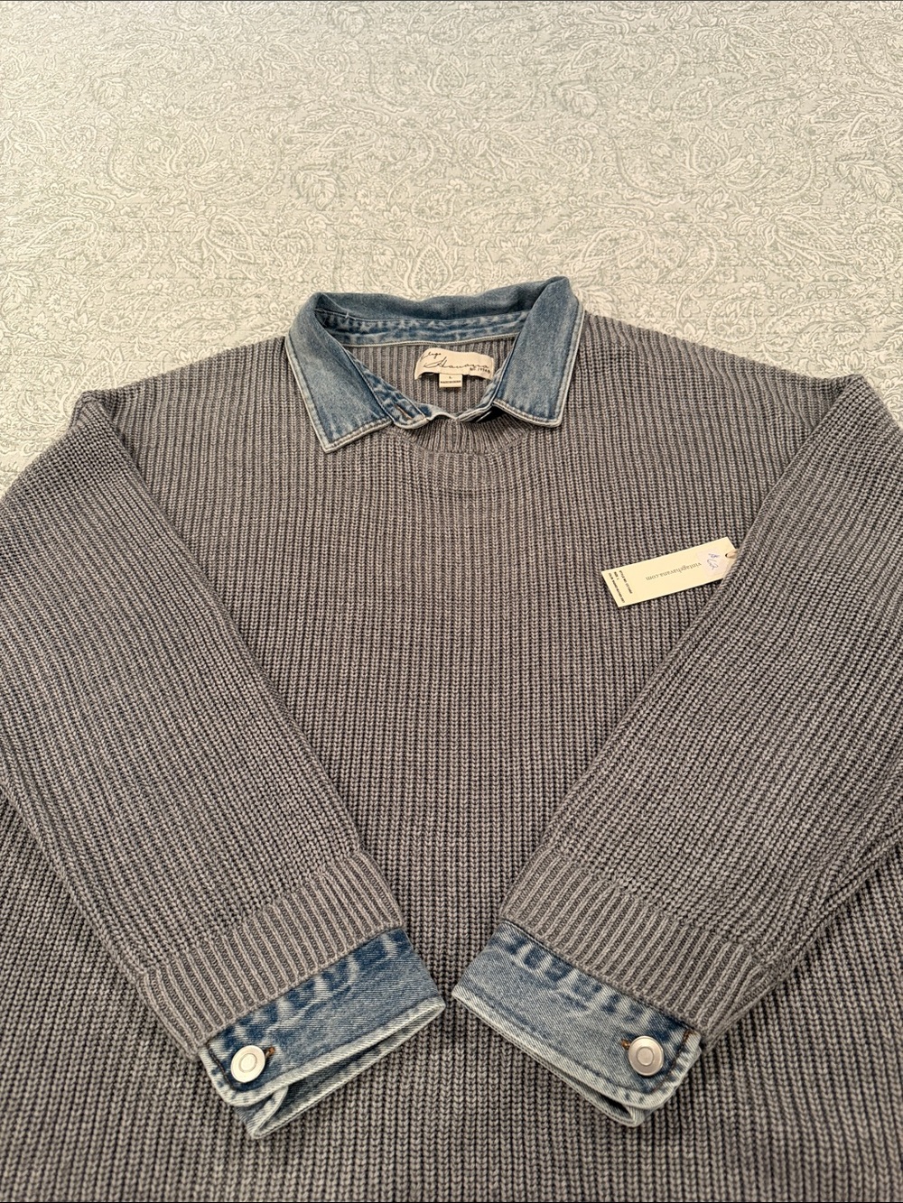 Vintage Havana Gray Ribbed Crewneck Sweater with Denim Collar & Cuffs Size L NWT